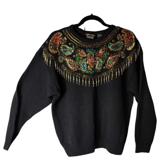 Vtg‎ 80s Trimmings Black Ramie Sweater with Gold Sequin Embellished Glam Medium - Picture 1 of 8
